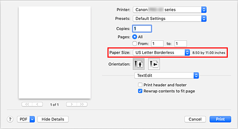 figure:Select XXX borderless from Paper Size in the Print dialog